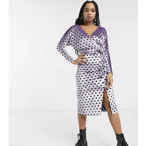 ASOS Midi Dress Sz 8 Purple Black Polka Dot Velour Slit Leg Stretch Long Sleeve - Picture 1 of 6